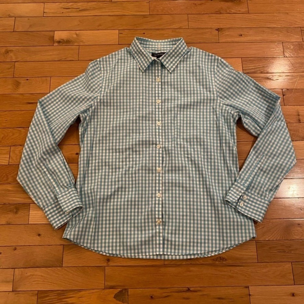 Lands End Womens Blue White Gingham Check Button Down Shirt Size 10 Long Sleeve
